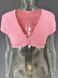 Deep V-Neck Crop Top – Single Button Puff Sleeve Summer Beachwear