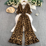 Leopard Print V-Neck Lace-Up Jumpsuit – Short Sleeve Loose Ruffle Romper Playsuit
