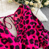 Leopard Print V-Neck Lace-Up Jumpsuit – Short Sleeve Loose Ruffle Romper Playsuit