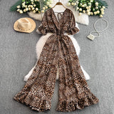 Leopard Print V-Neck Lace-Up Jumpsuit – Short Sleeve Loose Ruffle Romper Playsuit