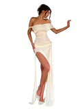 See-Through Tassel Dress – Slash Neck High Split Ruched Party Dress