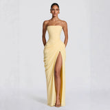 Strapless Draped High Split Maxi Dress – Backless Lace-Up Elegant Party Gown