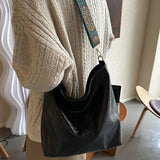 Wide Geometric Strap Retro PU Leather Bucket Bag – Large Capacity Crossbody Shoulder Bag