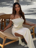 See-Through Tassel Dress – Slash Neck High Split Ruched Party Dress