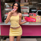 Yellow Striped Backless Cami Top & Mini Skirt Set – Y2K Casual Summer Vacation 2-Piece Outfit