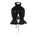 PU Leather Cross Halter Ruffle Backless Crop Top – Y2K Edgy Going Out Clubwear Summer Top