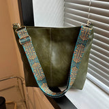 Wide Geometric Strap Retro PU Leather Bucket Bag – Large Capacity Crossbody Shoulder Bag