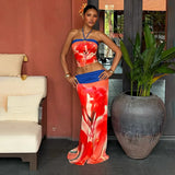 Floral Print Halter Crop Top & Maxi Skirt Set – Backless 2-Piece Beach Vacation Outfit