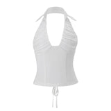Halter Ruched Lace-Up Crop Top – Backless V-Neck Summer Tank