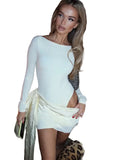 Patchwork Lace-Up Mini Dress – Long Sleeve Hollow Out Club Party Dress
