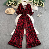Leopard Print V-Neck Lace-Up Jumpsuit – Short Sleeve Loose Ruffle Romper Playsuit