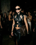 PU Leather Cross Halter Ruffle Backless Crop Top – Y2K Edgy Going Out Clubwear Summer Top
