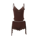 Brown Lace Trim Backless Bodysuit & Shorts Set – Sexy Y2K 2-Piece Going Out Night Out Outfit