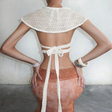 Knitted Crop Top with Flutter Sleeves & Beaded Collar – Lace-Up Tie Side Y2K Vacation Going Out Top