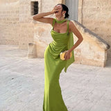 Green Satin Maxi Dress with Ribbon – Sleeveless Ruched Bodycon Silky Evening Party Dress