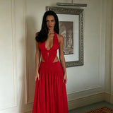 Lace Patchwork Halter Deep V Backless Maxi Dress – Bodycon Flowy Cocktail Party Dress