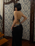 Sequin Halter Backless Maxi Dress – Patchwork Sleeveless Midnight Club Dress