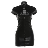 PU Leather Turtleneck Mini Dress – Single-Breasted Short Sleeve Club Party Dress