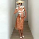 Knitted Crop Top with Flutter Sleeves & Beaded Collar – Lace-Up Tie Side Y2K Vacation Going Out Top