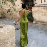 Green Satin Maxi Dress with Ribbon – Sleeveless Ruched Bodycon Silky Evening Party Dress