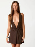 Deep V-Neck Bodycon Mini Dress – Sleeveless High Waist Elegant Beachwear