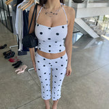 Polka Dot Halter Top & Capri Pants Set – Ruched Bust Bodycon Casual Chic 2-Piece Summer Outfit