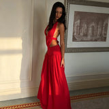 Lace Patchwork Halter Deep V Backless Maxi Dress – Bodycon Flowy Cocktail Party Dress