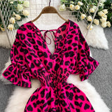 Leopard Print V-Neck Lace-Up Jumpsuit – Short Sleeve Loose Ruffle Romper Playsuit