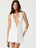 Deep V-Neck Bodycon Mini Dress – Sleeveless High Waist Elegant Beachwear
