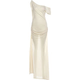See-Through Tassel Dress – Slash Neck High Split Ruched Party Dress