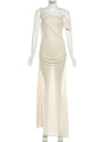 See-Through Tassel Dress – Slash Neck High Split Ruched Party Dress