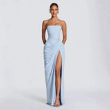 Strapless Draped High Split Maxi Dress – Backless Lace-Up Elegant Party Gown