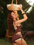 Brown Lace Trim Backless Bodysuit & Shorts Set – Sexy Y2K 2-Piece Going Out Night Out Outfit
