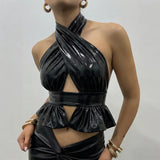 PU Leather Cross Halter Ruffle Backless Crop Top – Y2K Edgy Going Out Clubwear Summer Top