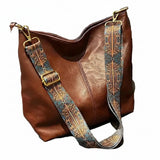 Wide Geometric Strap Retro PU Leather Bucket Bag – Large Capacity Crossbody Shoulder Bag
