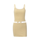 Yellow Striped Backless Cami Top & Mini Skirt Set – Y2K Casual Summer Vacation 2-Piece Outfit