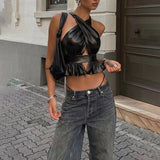 PU Leather Cross Halter Ruffle Backless Crop Top – Y2K Edgy Going Out Clubwear Summer Top