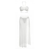 White Halter Bikini Set with Mesh Maxi Skirt – High Split Pearl Beaded Beach Vacation Swimwear