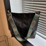 Wide Geometric Strap Retro PU Leather Bucket Bag – Large Capacity Crossbody Shoulder Bag
