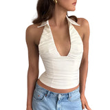 Halter Ruched Lace-Up Crop Top – Backless V-Neck Summer Tank