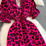 Leopard Print V-Neck Lace-Up Jumpsuit – Short Sleeve Loose Ruffle Romper Playsuit