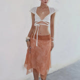 Knitted Crop Top with Flutter Sleeves & Beaded Collar – Lace-Up Tie Side Y2K Vacation Going Out Top
