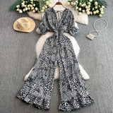 Leopard Print V-Neck Lace-Up Jumpsuit – Short Sleeve Loose Ruffle Romper Playsuit