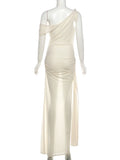 See-Through Tassel Dress – Slash Neck High Split Ruched Party Dress