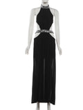 Sequin Halter Backless Maxi Dress – Patchwork Sleeveless Midnight Club Dress