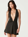 Deep V-Neck Bodycon Mini Dress – Sleeveless High Waist Elegant Beachwear