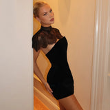 Black Strapless Mini Dress with Lace Capelet – Bodycon Wedding Guest Party Evening Dress
