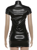 PU Leather Turtleneck Mini Dress – Single-Breasted Short Sleeve Club Party Dress
