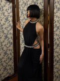 Sequin Halter Backless Maxi Dress – Patchwork Sleeveless Midnight Club Dress