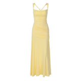 Ruched Fitted Top Flowy Maxi Dress – Backless Lace-Up Sleeveless Elegant Evening Gown
